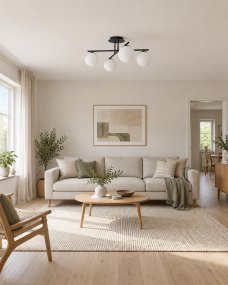 Globi 4 Ø65 Svart/Vit plafond från Nordic Lighting - Den svarta metallstommen skapar en elegant kontrast mot de fyra runda kuporna i opalglas, som sprider ljuset j&auml;mnt i rummet utan att bl&auml;nda.