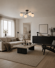 Globi 4 Ø65 Svart/Vit plafond från Nordic Lighting - Den svarta metallstommen skapar en elegant kontrast mot de fyra runda kuporna i opalglas, som sprider ljuset j&auml;mnt i rummet utan att bl&auml;nda.