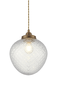 Gatsby Ø25 Antikmässing taklampa från Aneta Lighting - Gatsby takpendel har ett klassiskt och elegant uttryck med detaljer i antik m&auml;ssingsfinish och en dekorativ kupa i klart, m&ouml;nstrat glas.