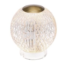 Marni 10cm Transparent portabel från Elstead Lighting - Marni &auml;r en elegant och uppladdningsbar bordslampa med en dekorativ design som kombinerar st&aring;l i naturlig m&auml;ssingfinish med transparent, m&ouml;nstrad akryl.