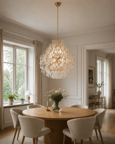 Palais Ø58 Guld kristall från Lampan - Lampan &auml;r kl&auml;dd med frostade prismor som ger ett mjukt, dr&ouml;mlikt ljusspel och skapar en exklusiv atmosf&auml;r i rummet.