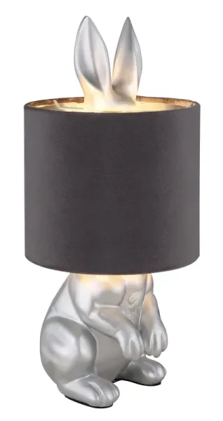 Rabbit 40cm Silver bordslampa från Globo Lighting - Med en silverf&auml;rgad kaninfigur som bas och en elegant gr&aring; sammetsk&auml;rm kombinerar den lekfull design med sofistikerad stil.