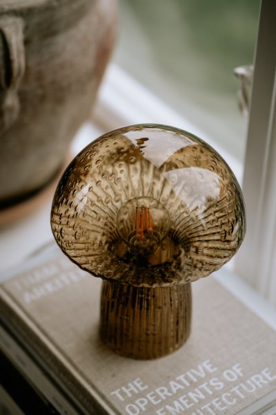 Fungo 20cm Brun bordslampa från Globen Lighting - Varje lampa &auml;r munbl&aring;st och unik, vilket inneb&auml;r att variationer i f&auml;rg, glastjocklek och antal bubblor f&ouml;rekommer.