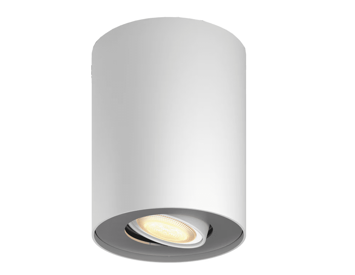 Pillar Hue Vit spotlight från Philips - Du kan v&auml;lja mellan varma till kalla vita toner och styra den via Bluetooth-appen eller dimmer-knappen som ing&aring;r i f&ouml;rpackningen.