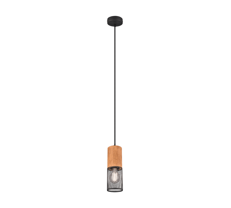 Tosh 24cm Svart taklampa från Trio Lighting - Den mattsvarta metallen och tr&auml;elementen passar perfekt in i moderna och minimalistiska inredningsstilar och ger ditt hem en elegant och trendig touch.