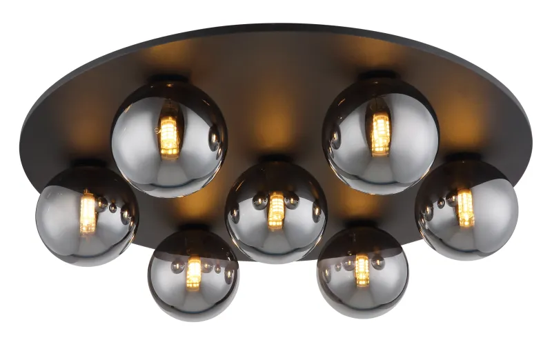 Riha Ø60 Rökfärgad plafond från Globo Lighting - Den mattsvarta metallen i kombination med 7st r&ouml;kf&auml;rgade glas ger ett sofistikerat uttryck och passar perfekt in i olika inredningsstilar.