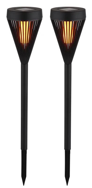 Fire 2-pack Svart solcellslampa från Globo Lighting - En stilren och energieffektiv l&ouml;sning f&ouml;r att lysa upp utomhusmilj&ouml;n med en naturlig eldliknande k&auml;nsla!