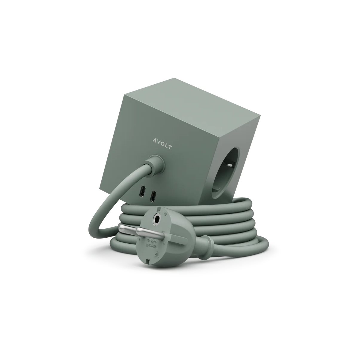 Square 1 with 30W Dual USBC & Magnetic base, 3m Grön från Avolt - Grenuttag fr&aring;n Avolt med en stilren design med en l&aring;ng sladd i PVC, en kub i &aring;tervunnen plast och en magnetplatta i botten f&ouml;r att kunna h&auml;ngas upp p&aring; v&auml;ggen.