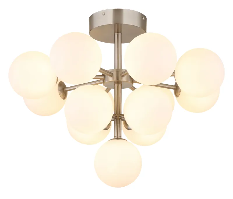 Grappy Ø56 Nickel plafond från Globo Lighting - Grappy plafond blir en stilfull och lyxig detalj i varje rum med sin glamor&ouml;sa design och de 13st opalf&auml;rgade glaskulorna.