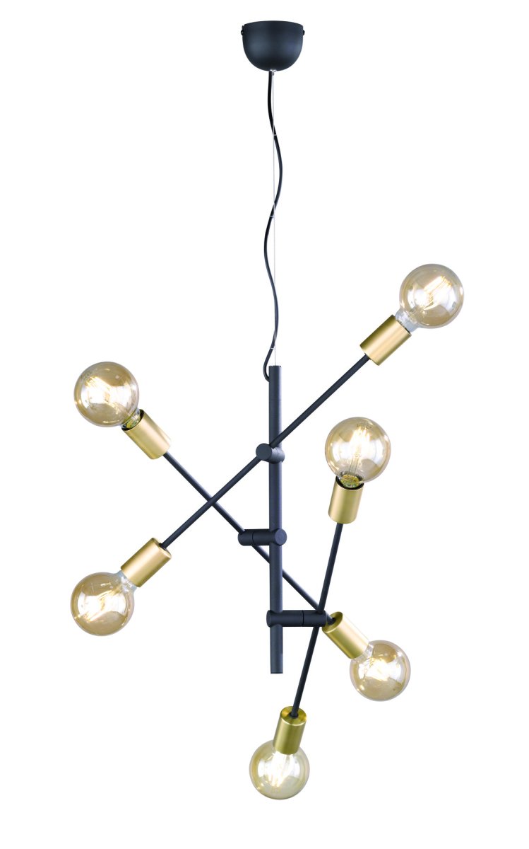 Cross 55cm Svart taklampa från Trio Lighting - De svarta metallarmarna i asymmetrisk konstruktion skapar en dynamisk och trendig look, medan detaljer i m&auml;ssing ger en elegant touch.