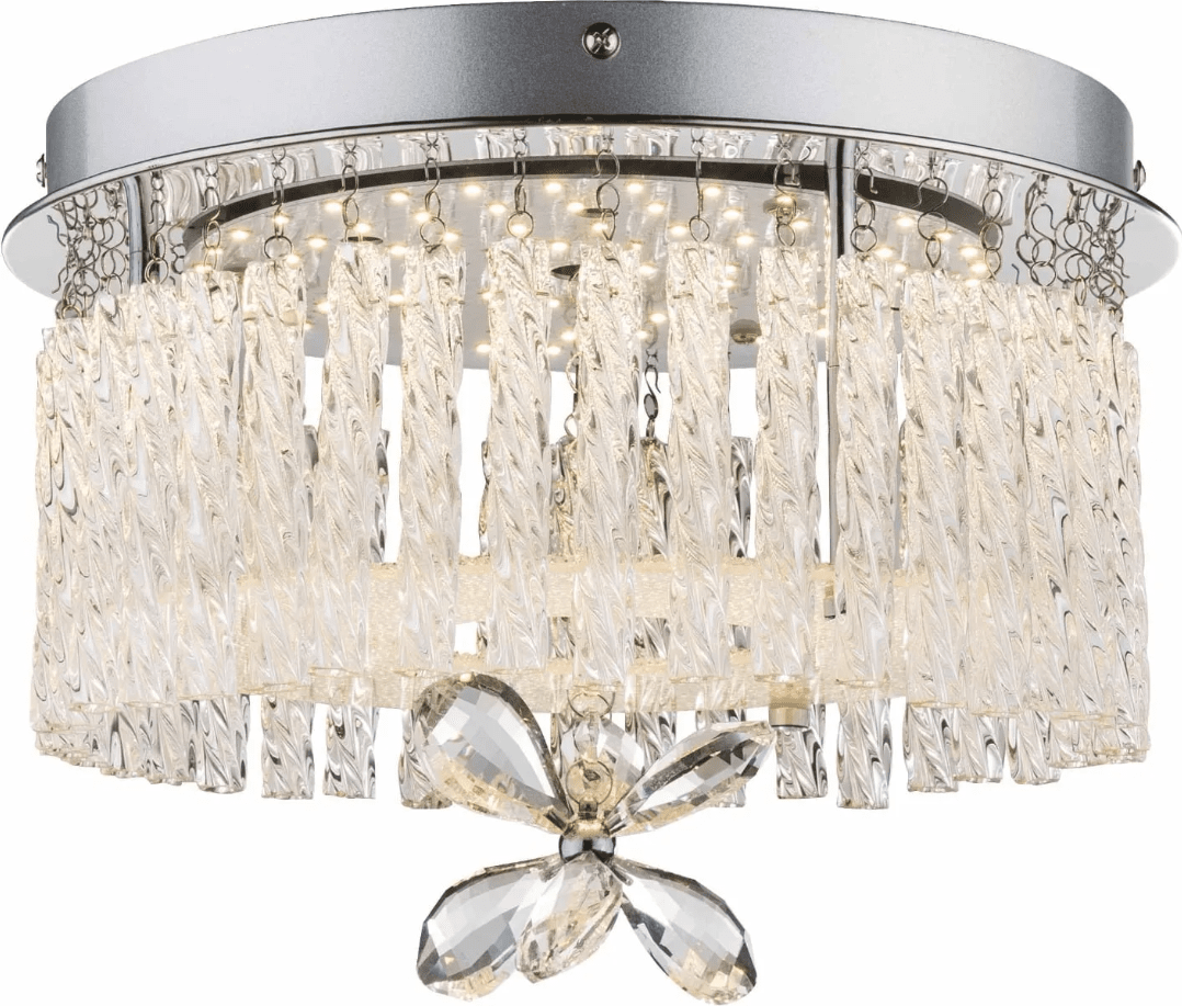 Mathilda Ø28 Krom kristall från Globo Lighting - Den runda designen kombinerar en kromf&auml;rgad bas med h&auml;ngande glasstavar och en stor blomformad kristall som blir rummets blickf&aring;ng.