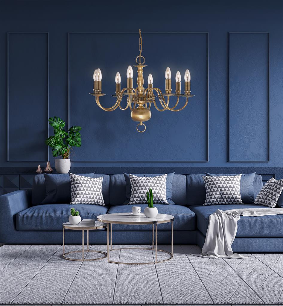 Flemish 8 Ø62 Mässing taklampa från Searchlight - Med sina 8st ljush&aring;llare i klassisk kandelaberstil och en dekorativ mittst&aring;ng med v&auml;lvd bas, f&ouml;rmedlar den en k&auml;nsla av &auml;kta elegans och tradition.