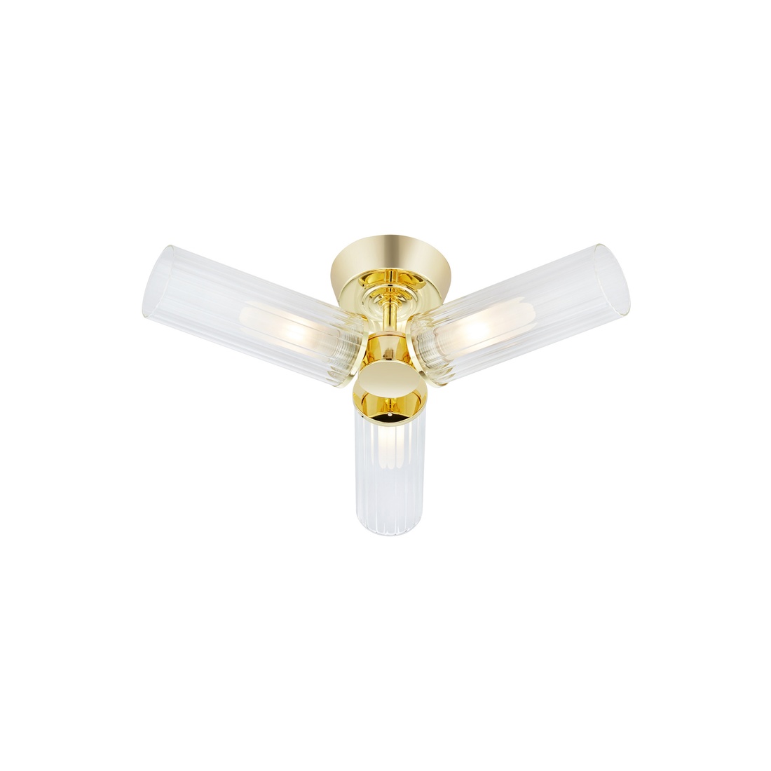 Rimini Ø40 Mässing badrumslampa från Markslöjd - Rimini &auml;r en elegant taklampa som kombinerar en blank m&auml;ssingfinish med tre avl&aring;nga sk&auml;rmar i klart, ribbat glas.
