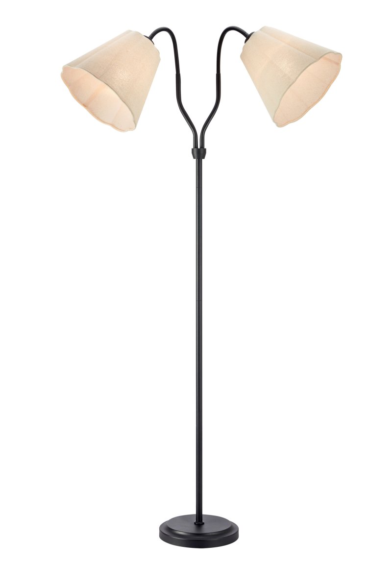 Veya 2 Svart golvlampa från Markslöjd - Veya &auml;r en stilren golvlampa med en svart metallfot och tv&aring; beige textilsk&auml;rmar som skapar en mjuk kontrast.