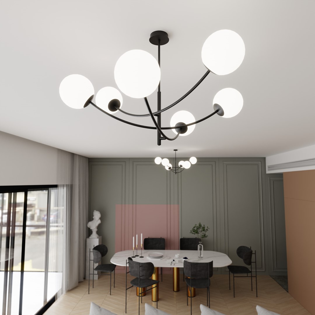 Hunter Ø90 Svart/Vit taklampa från Emibig Lighting - Lampan g&ouml;r sig s&auml;rskilt bra ovanf&ouml;r ett bord eller en k&ouml;ks&ouml;, d&auml;r den skapar en unik och inbjudande atmosf&auml;r.