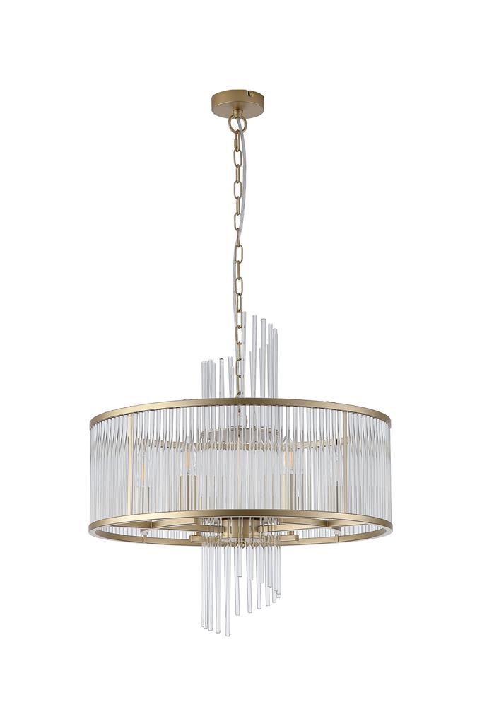 Lara Ø55 Borstad guld kristall från Searchlight - Den runda stommen i metall med borstad guldfinish pryds av klara glasstavar som likt prismor f&aring;ngar och reflekterar ljuset, vilket skapar en mjuk och st&auml;mningsfull ljusbild i rummet.