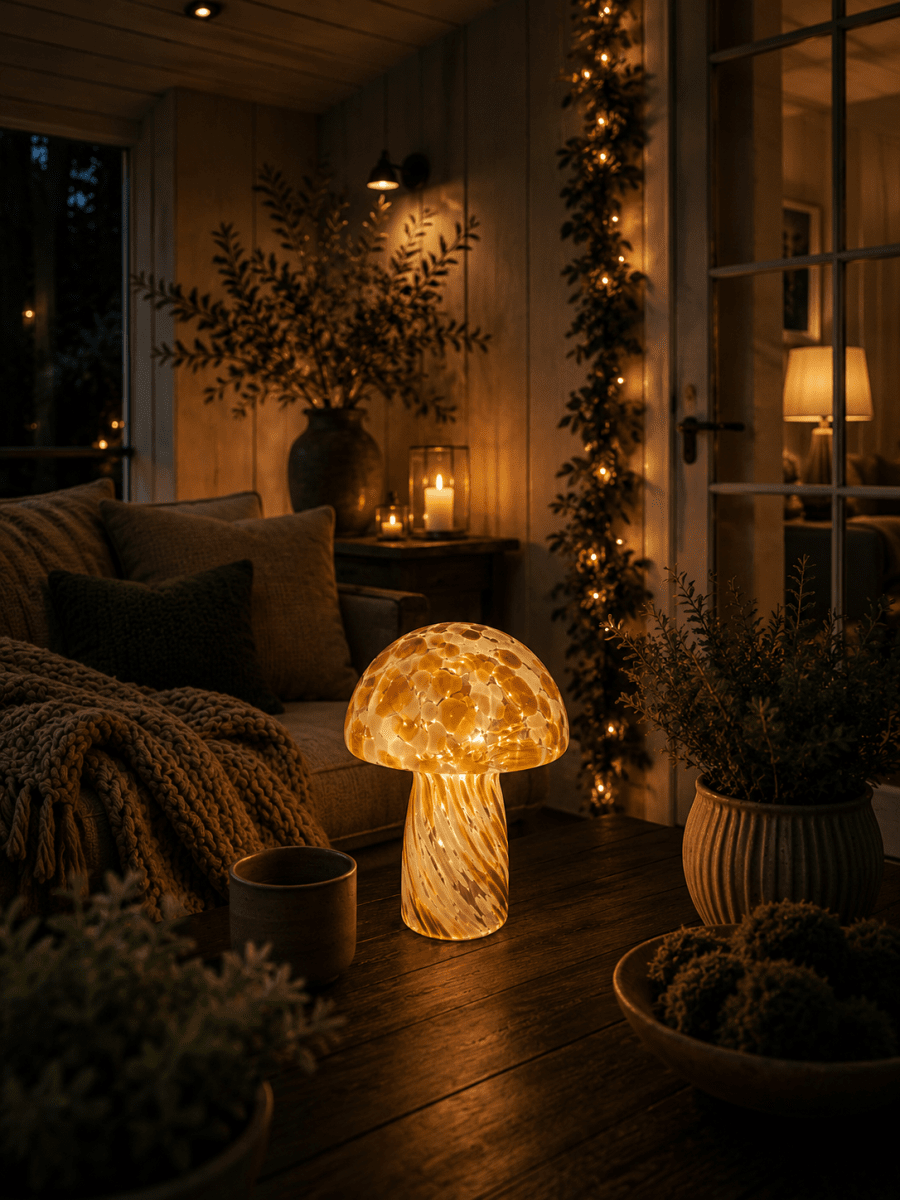 Svamp 35cm Brun bordslampa från Pixie Design - Ut&ouml;ver det har lampan ocks&aring; timerfunktion, den lyser i 8h och &auml;r sl&auml;ckt i 16h, vilket upprepas varje dag om s&aring; &ouml;nskas.