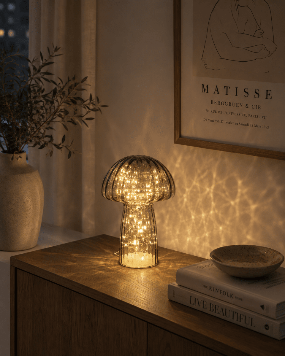 Svamp 23cm Grå bordslampa från Pixie Design - Den &auml;r f&ouml;rsedd med timer och en praktisk 5-stegs dimmer f&ouml;r att justera ljuset efter behov, vilket g&ouml;r den perfekt f&ouml;r b&aring;de arbetsbelysning och mysig kv&auml;llsbelysning.