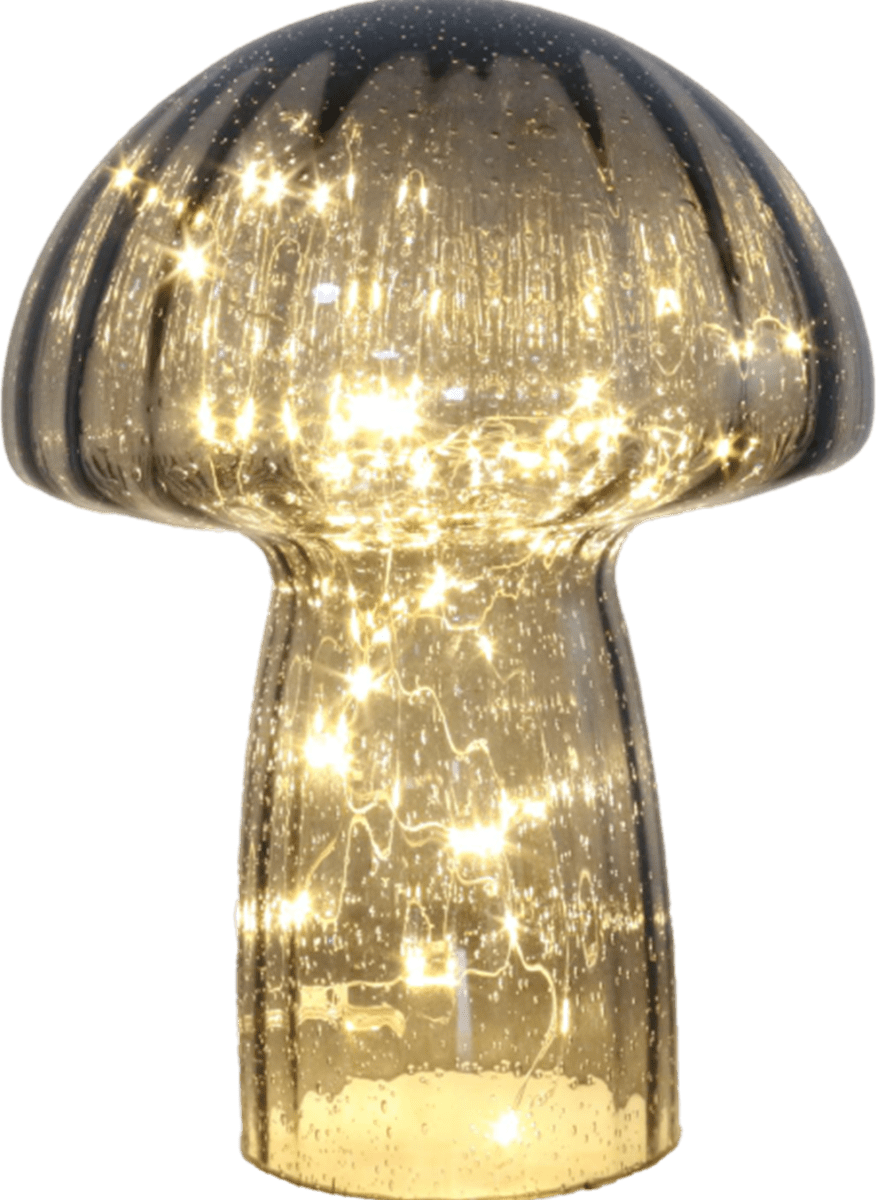 Svamp 23cm Grå bordslampa från Pixie Design - Den &auml;r f&ouml;rsedd med timer och en praktisk 5-stegs dimmer f&ouml;r att justera ljuset efter behov, vilket g&ouml;r den perfekt f&ouml;r b&aring;de arbetsbelysning och mysig kv&auml;llsbelysning.