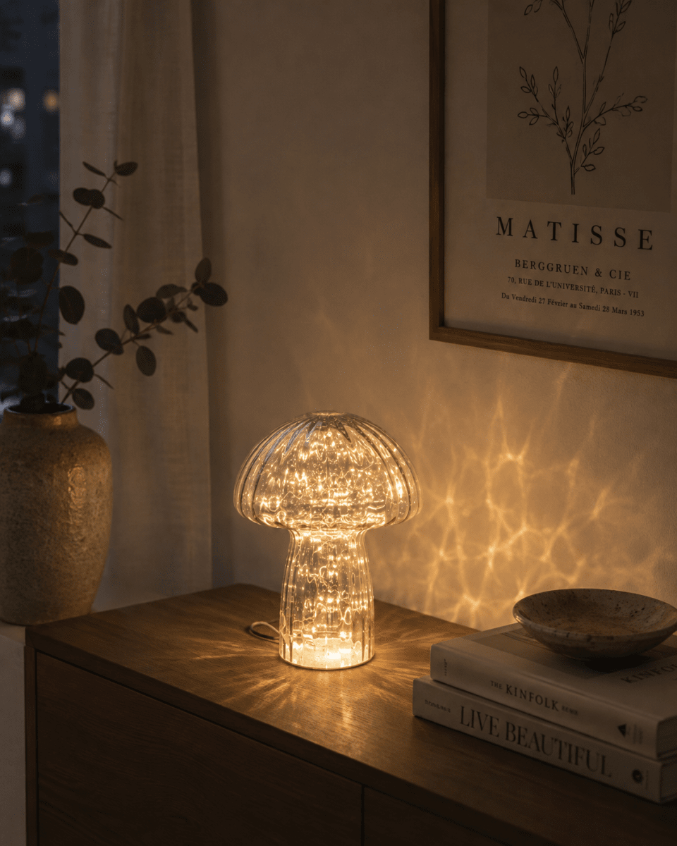 Svamp 23cm Blå bordslampa från Pixie Design - Den &auml;r f&ouml;rsedd med timer och en praktisk 5-stegs dimmer f&ouml;r att justera ljuset efter behov, vilket g&ouml;r den perfekt f&ouml;r b&aring;de arbetsbelysning och mysig kv&auml;llsbelysning.