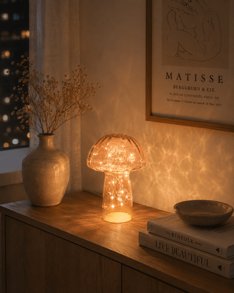 Svamp 23cm Ljusrosa bordslampa från Pixie Design - Den &auml;r f&ouml;rsedd med timer och en praktisk 5-stegs dimmer f&ouml;r att justera ljuset efter behov, vilket g&ouml;r den perfekt f&ouml;r b&aring;de arbetsbelysning och mysig kv&auml;llsbelysning.