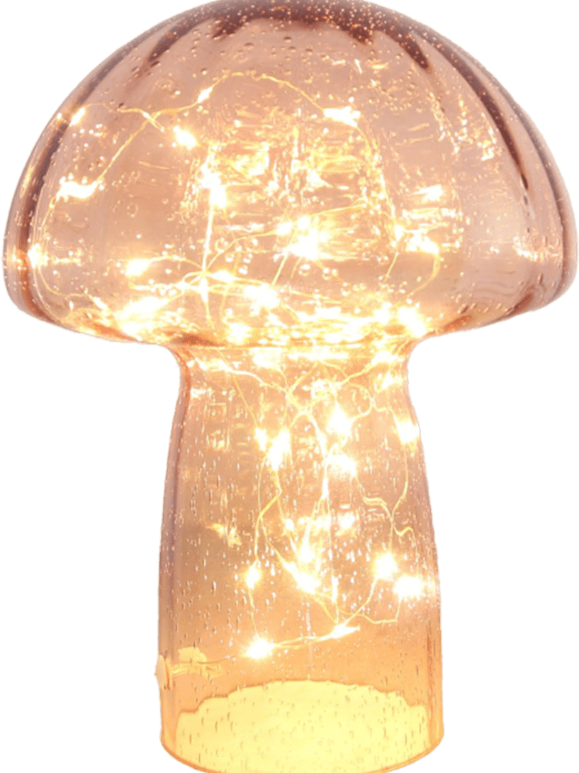 Svamp 23cm Ljusrosa bordslampa från Pixie Design - Den &auml;r f&ouml;rsedd med timer och en praktisk 5-stegs dimmer f&ouml;r att justera ljuset efter behov, vilket g&ouml;r den perfekt f&ouml;r b&aring;de arbetsbelysning och mysig kv&auml;llsbelysning.