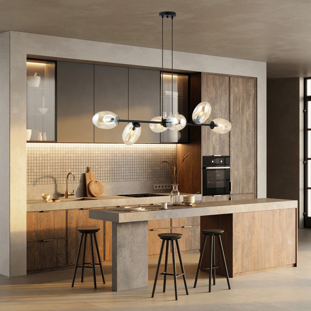 Pandora 120cm Amber taklampa från Emibig Lighting - Den moderna designen k&auml;nnetecknas av unikt formade sk&auml;rmar &ndash; eleganta och str&ouml;mlinjeformade &ndash; som tillf&ouml;r rummet b&aring;de charm och personlighet.