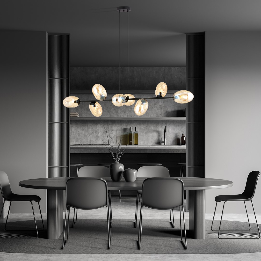 Pandora 140cm Amber taklampa från Emibig Lighting - Den moderna designen k&auml;nnetecknas av unikt formade sk&auml;rmar &ndash; eleganta och str&ouml;mlinjeformade &ndash; som tillf&ouml;r rummet b&aring;de charm och personlighet.