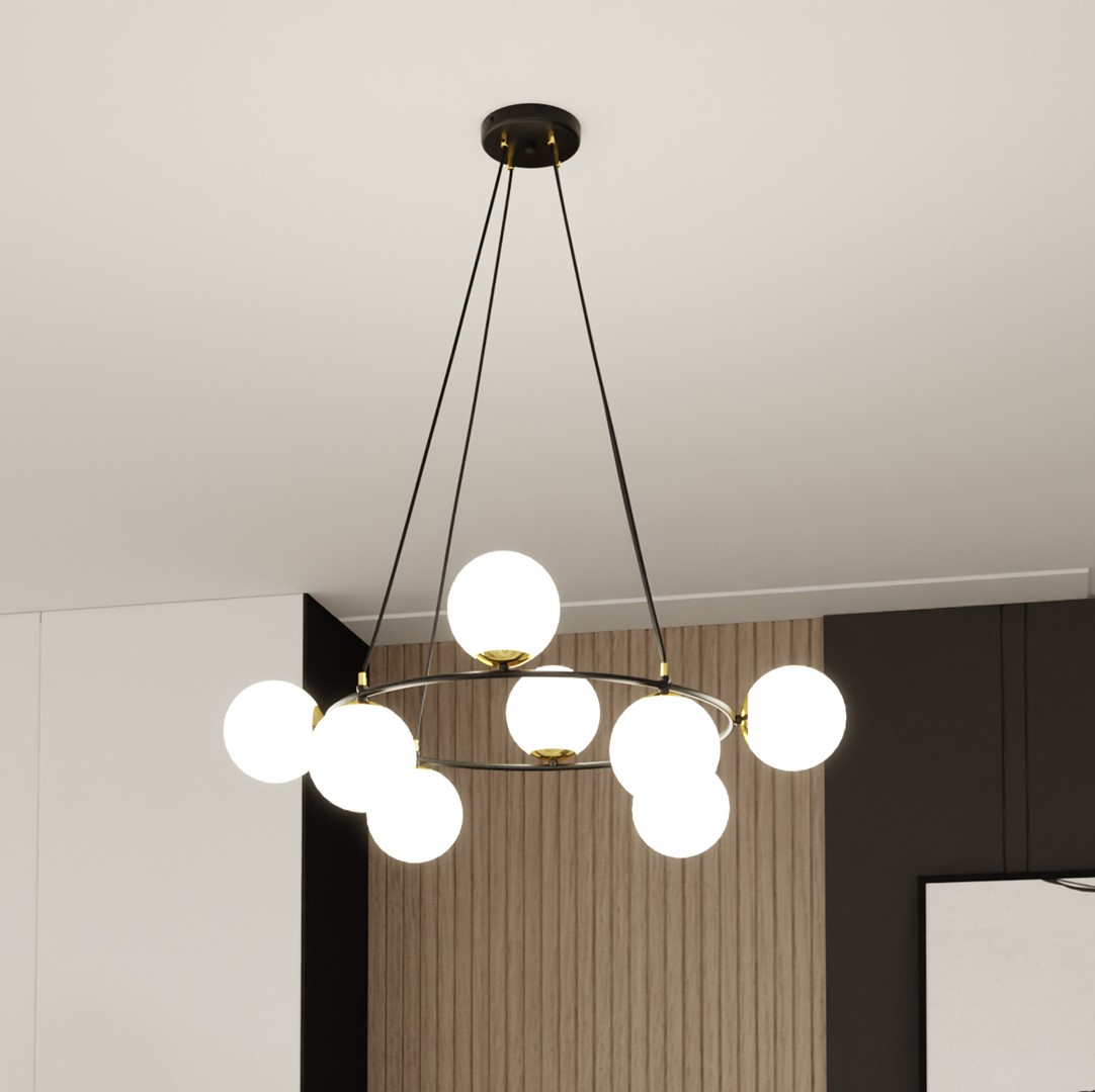 Azura Ø75 Vit från Emibig Lighting - Tillverkad i svart st&aring;l och kompletterad med sk&auml;rmar i opalglas skapar den ett harmoniskt och stilrent intryck.