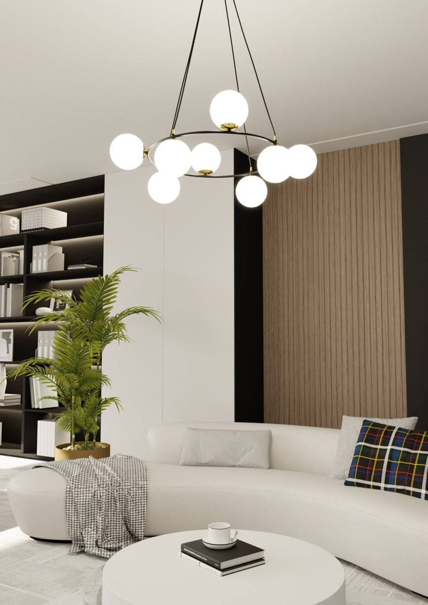 Azura Ø75 Vit från Emibig Lighting - Tillverkad i svart st&aring;l och kompletterad med sk&auml;rmar i opalglas skapar den ett harmoniskt och stilrent intryck.