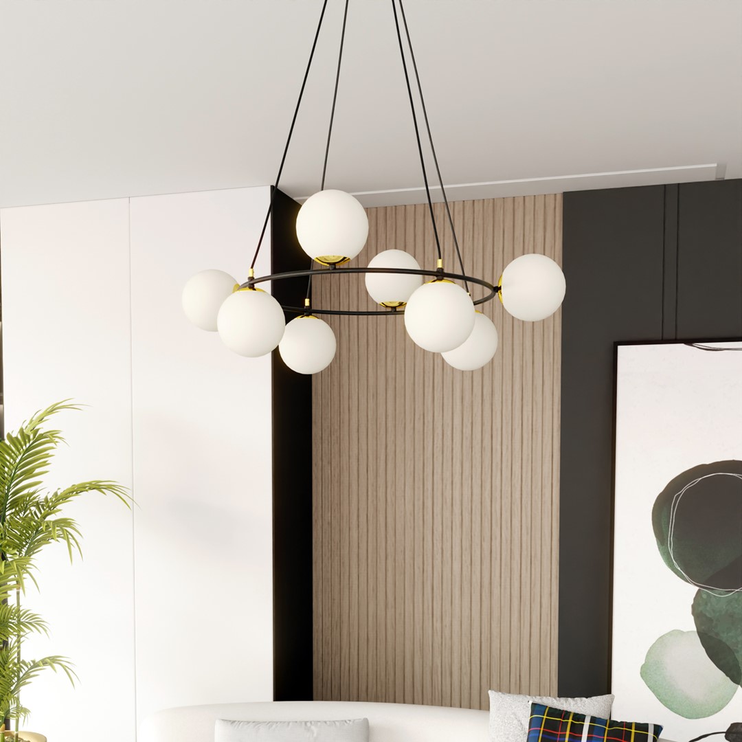 Azura Ø75 Vit från Emibig Lighting - Tillverkad i svart st&aring;l och kompletterad med sk&auml;rmar i opalglas skapar den ett harmoniskt och stilrent intryck.