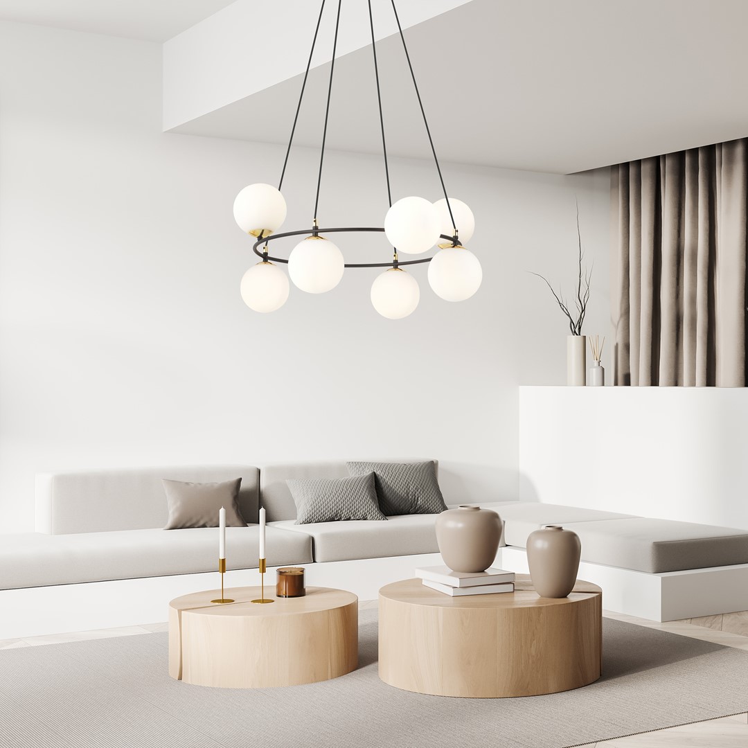 Azura Ø75 Vit från Emibig Lighting - Tillverkad i svart st&aring;l och kompletterad med sk&auml;rmar i opalglas skapar den ett harmoniskt och stilrent intryck.