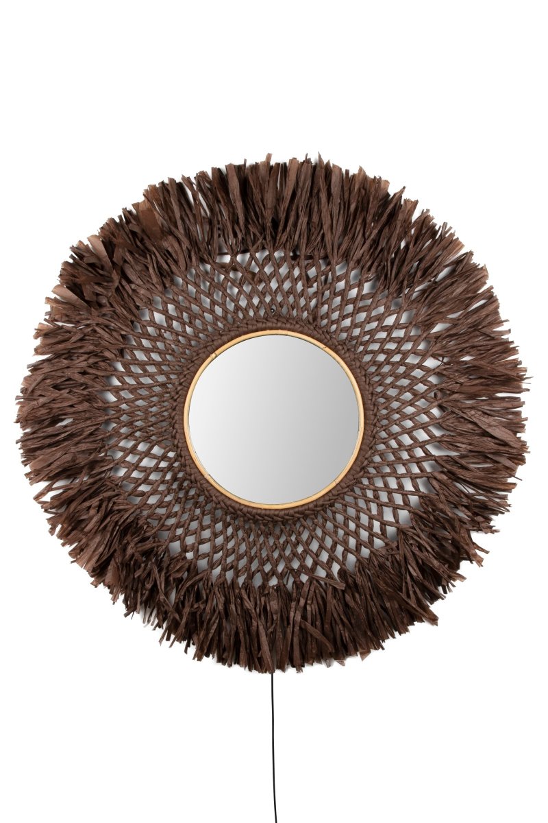 Spegel Ø90 Brun vägglampa från Globen Lighting - Lampan &auml;r tillverkad av tunt brunt papper som knutits f&ouml;r hand, har en spegel i mitten och en n&auml;tt liten tr&auml;ring som extra detalj p&aring; spegeln.