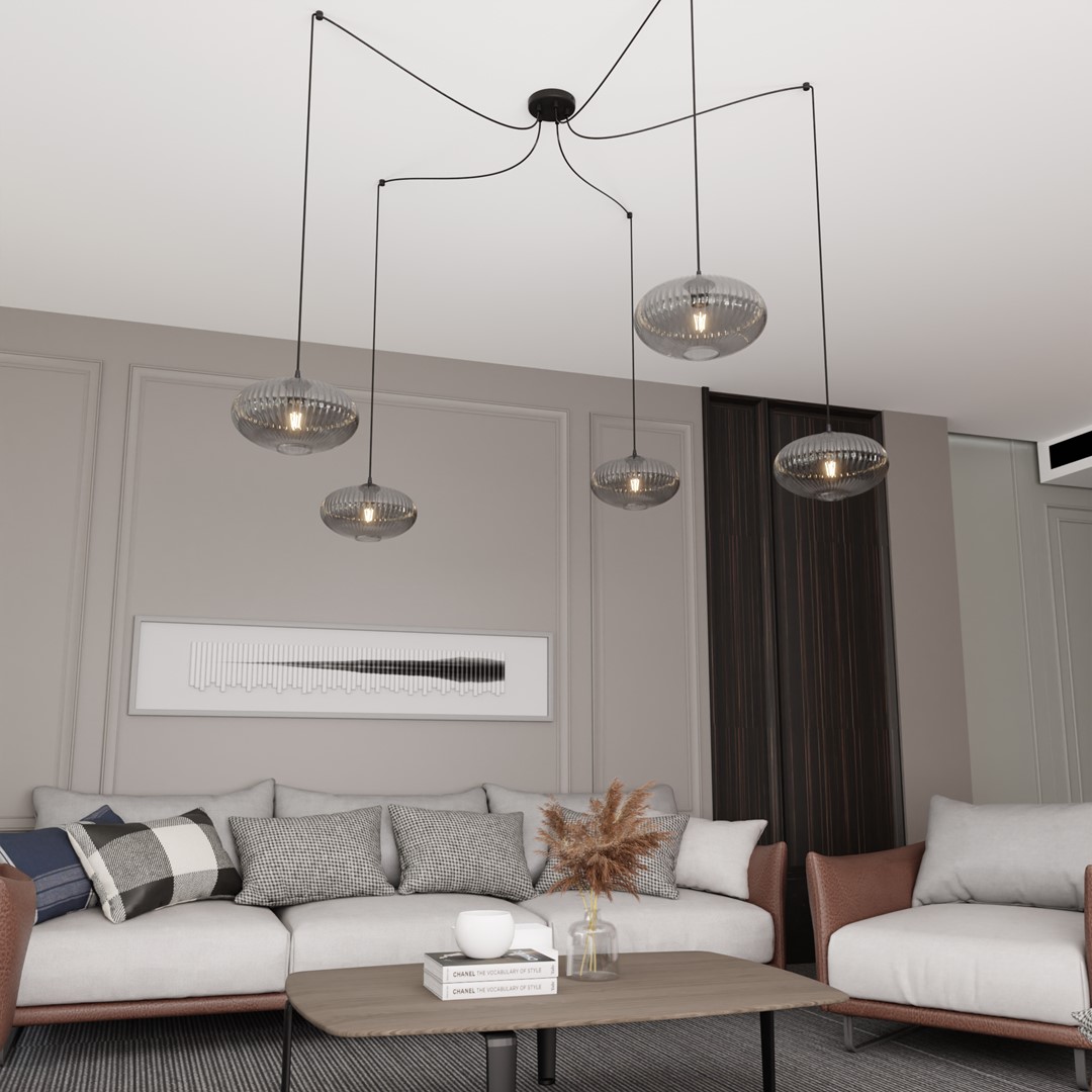 Origo 5xØ30 Rökfärgad taklampa från Emibig Lighting - Origo passar perfekt i milj&ouml;er som vardagsrum eller restauranger och &auml;r en idealisk kombination av estetik och kvalitet.