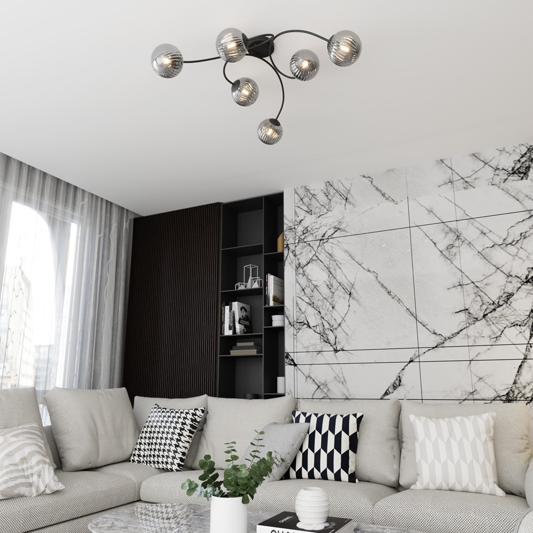 Vibra 97cm Rökfärgad plafond från Emibig Lighting - Kuporna av r&ouml;kf&auml;rgat glas sprider ett mjukt och diffust ljus som tillf&ouml;r rummet en l&auml;tthet och en modern k&auml;nsla.