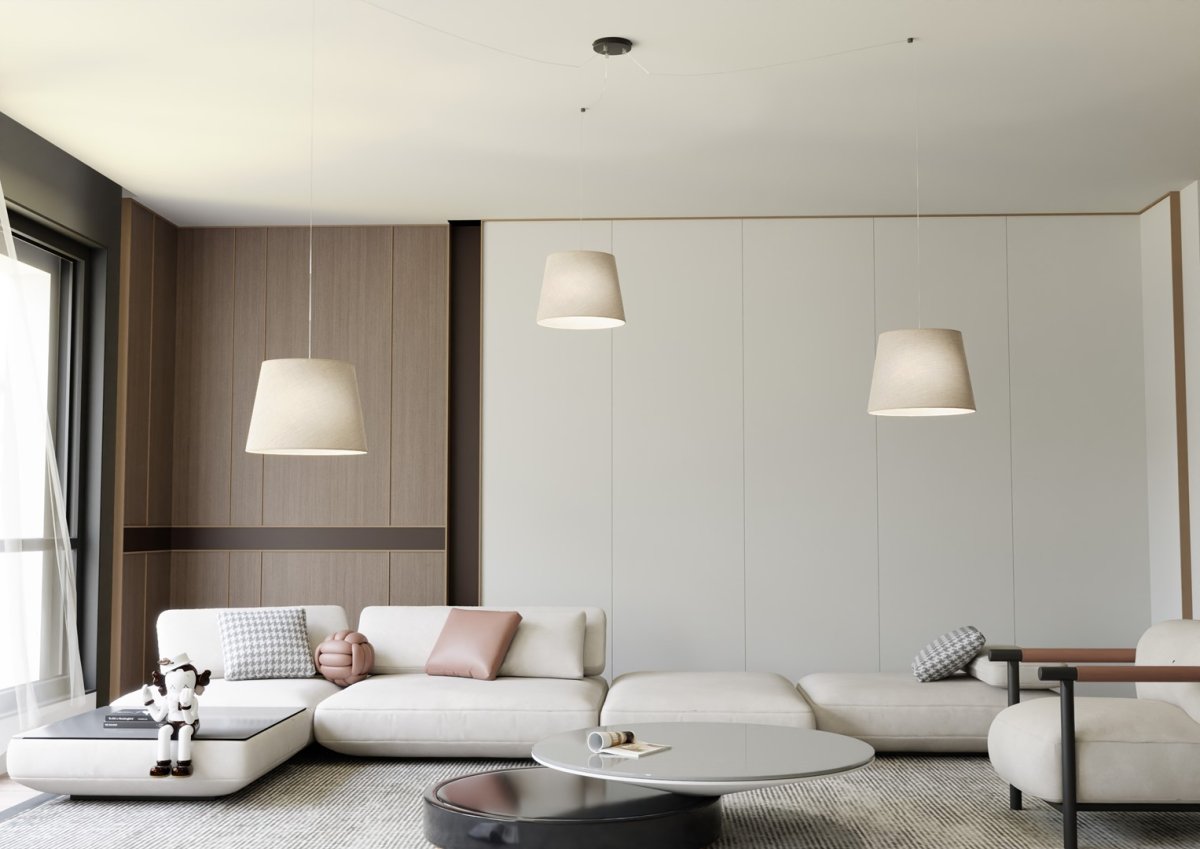Ascot 3xØ38 Beige taklampa från Emibig Lighting - De textilkl&auml;dda sk&auml;rmarna i mjuk, dov f&auml;rg sprider ett behagligt och diffust ljus som skapar en varm st&auml;mning i rummet.