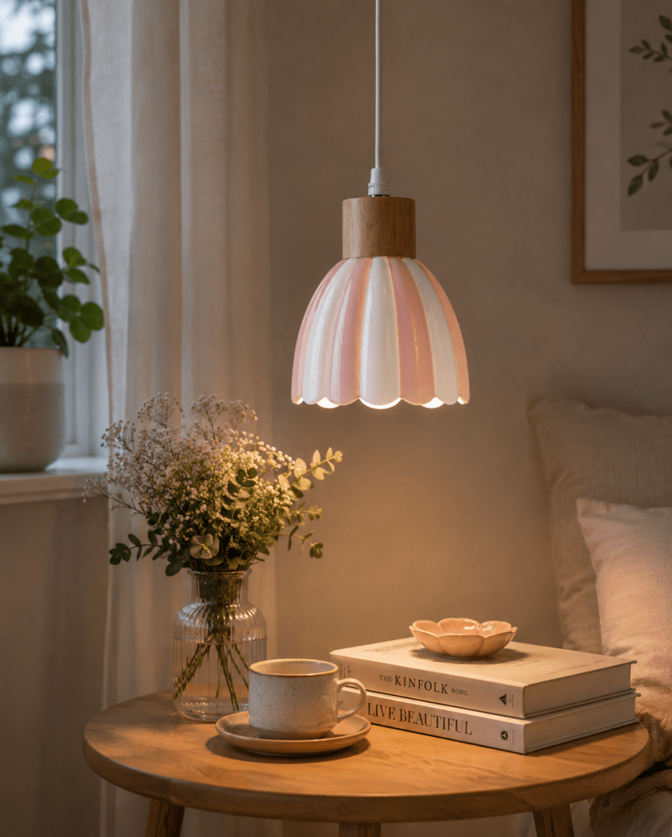 Poppy Ø15 Rosa/vit fönsterlampa från Pixie Design - Den randiga sk&auml;rmen i rosa och vitt ger lampan ett varmt och harmoniskt uttryck som passar fint i m&aring;nga olika inredningsstilar.