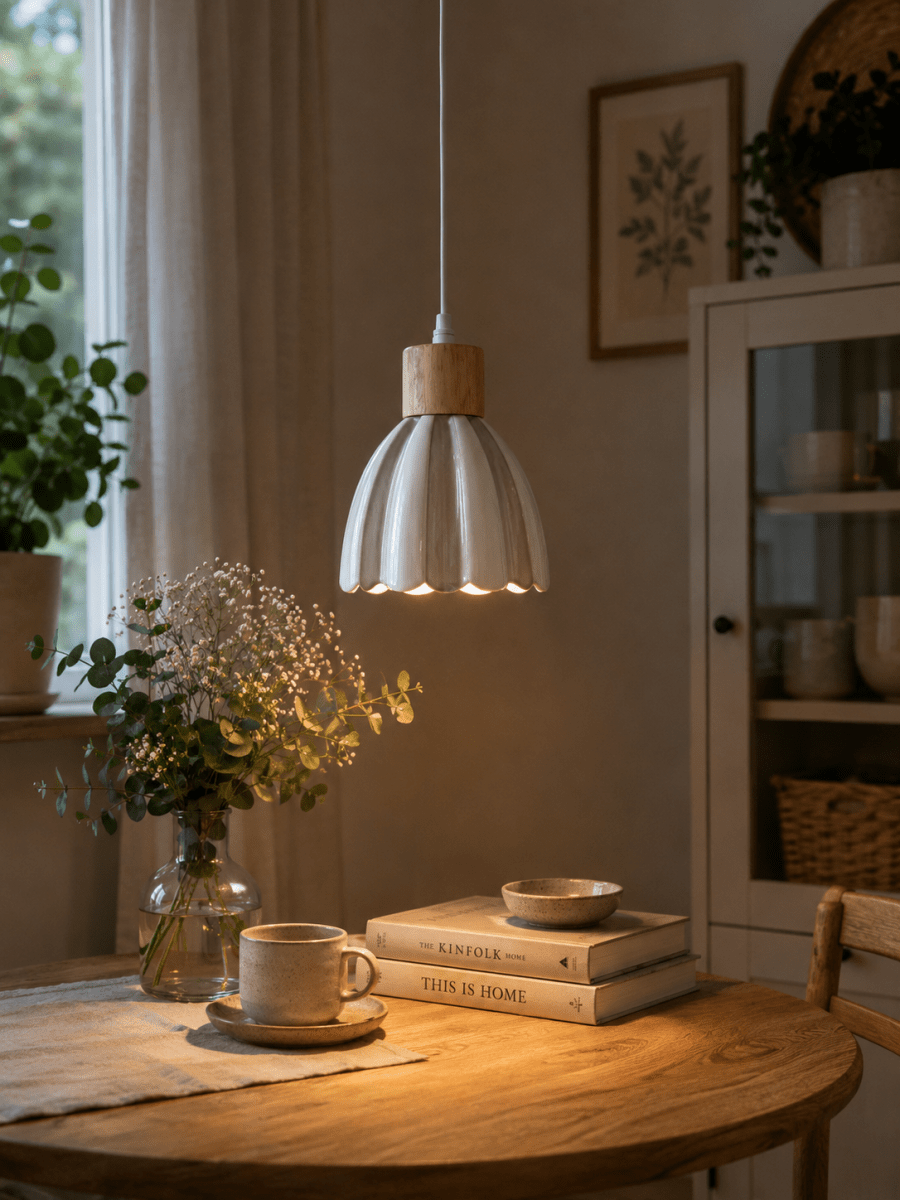 Poppy Ø15 Vit/beige fönsterlampa från Pixie Design - Den randiga sk&auml;rmen i beige och vitt ger lampan ett varmt och harmoniskt uttryck som passar fint i m&aring;nga olika inredningsstilar.