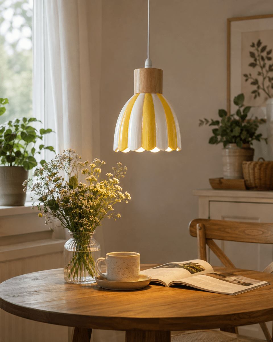 Poppy Ø15 Gul/vit fönsterlampa från Pixie Design - Den randiga sk&auml;rmen i gult och vitt ger lampan ett varmt och harmoniskt uttryck som passar fint i m&aring;nga olika inredningsstilar.
