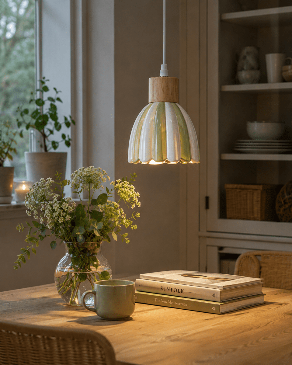 Poppy Ø15 Grön/vit fönsterlampa från Pixie Design - Den randiga sk&auml;rmen i gr&ouml;nt och vitt ger lampan ett varmt och harmoniskt uttryck som passar fint i m&aring;nga olika inredningsstilar.