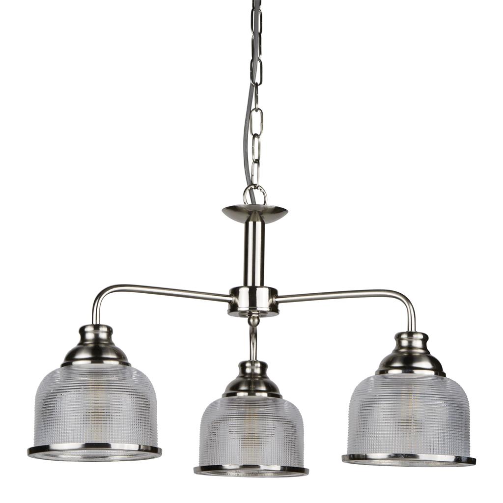 Bistro Ø56 Silver taklampa från Searchlight - De tre sk&auml;rmarna i frostat, r&auml;fflat glas i holophane-stil ger en j&auml;mn och behaglig ljusspridning samtidigt som de skapar ett levande ljusspel.