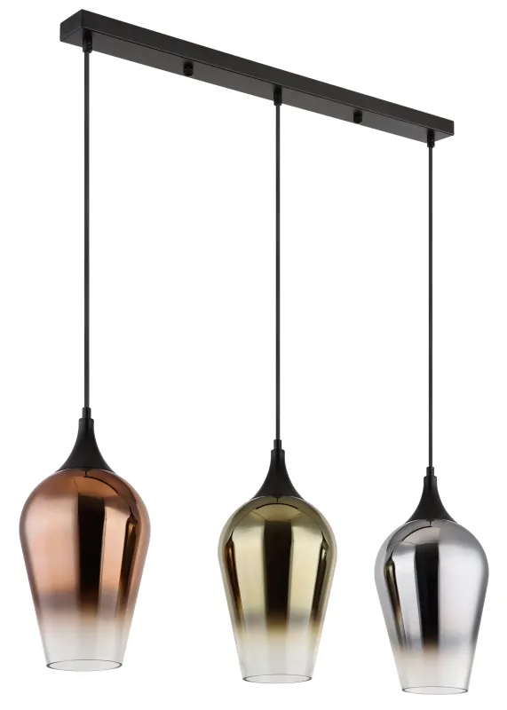 Lavus 83cm Svart taklampa från Globo Lighting - Lavus &auml;r en elegant taklampa med tre dekorativa glaskupor i koppar-, guld- och kromfinish, vilket ger lampan en modern och stilfull karakt&auml;r.