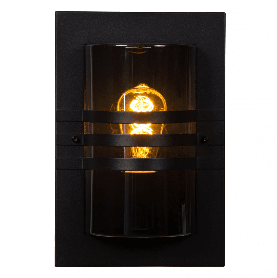 Privas Svart utelampa från Lucide - Ge ditt hem en elegant touch med Privas, en v&auml;gglampa med en unik design som kombinerar former och material.