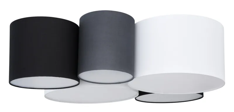 Makki 90cm Flerfärgad plafond från Globo Lighting - Lampan har en unik design med fem cylindriska textilsk&auml;rmar i olika storlekar, varav tv&aring; &auml;r vita, tv&aring; svarta och en gr&aring;.