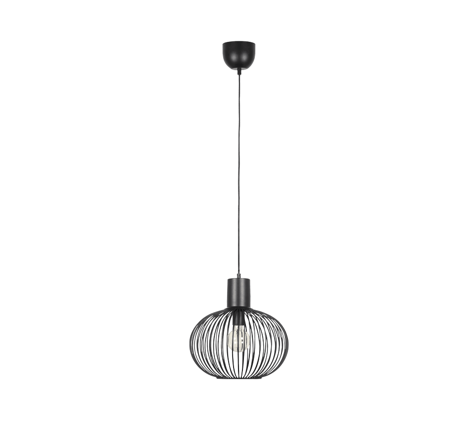 Gila Ø33 Svart taklampa från Trio Lighting - Den sf&auml;riska sk&auml;rmen i mattsvart metall med tunna ribbor ger en l&auml;tt och modern k&auml;nsla samtidigt som den l&aring;ter ljuset spridas p&aring; ett vackert och inbjudande s&auml;tt.