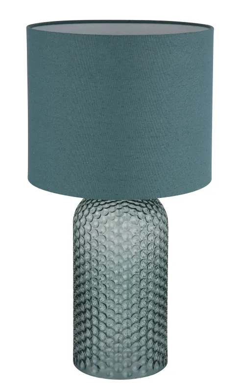 Sofia 50cm Grön bordslampa från Globo Lighting - Bordslampan Sofia imponerar med sin eleganta kombination av en texturerad glaskropp och en cylindrisk textilsk&auml;rm i lyxig gr&ouml;n ton.