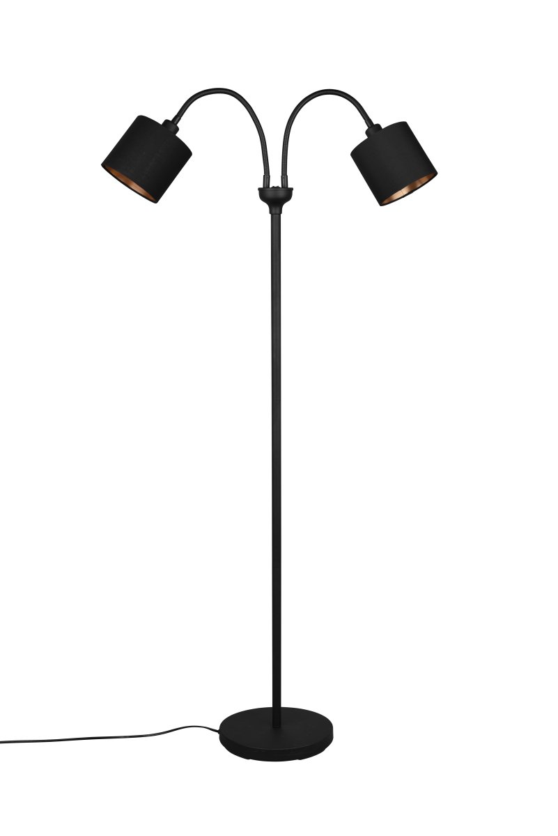 Tommy 2 Svart golvlampa från Trio Lighting - Den mattsvarta ytan i kontrast med insidan i guld tillf&ouml;r elegans och v&auml;rme &ndash; perfekt som ett st&auml;mningsfullt tillskott i moderna inredningsstilar.