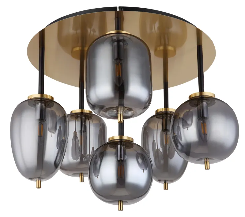 Blacky Ø63 Mässing plafond från Globo Lighting - Lampan &auml;r utrustad med 6st r&ouml;kf&auml;rgade glaskupor i olika former, som h&auml;nger fr&aring;n taket p&aring; mattsvarta st&auml;nger f&auml;sta vid en m&auml;ssingsf&auml;rgad bas.