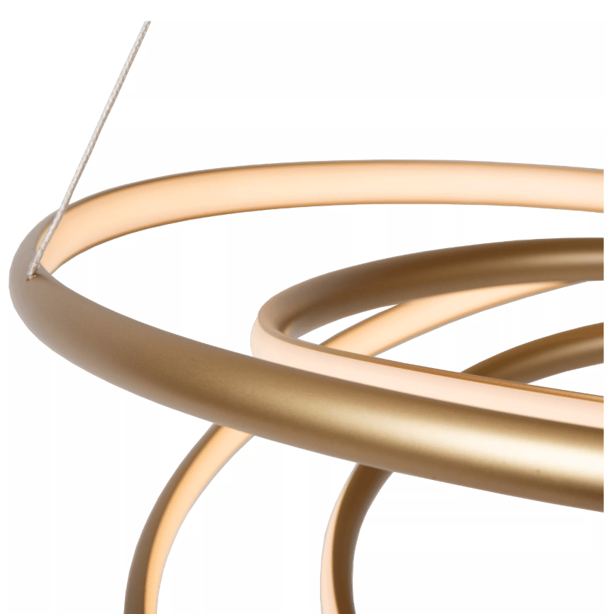 Sardana Ø80 Matt guld taklampa från Lucide - Den integrerade LED-belysningen p&aring; 74W sprider ett varmvitt ljus (2700K) som &auml;r fullt dimbart, vilket g&ouml;r det enkelt att skapa r&auml;tt st&auml;mning &ouml;ver matbordet eller i vardagsrummet.