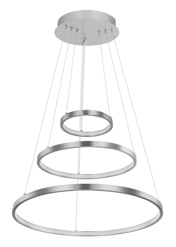 Ralph Ø50 Nickel taklampa från Globo Lighting - Designad med tre ringar och en h&ouml;jd p&aring; 120 cm, ger den ett unikt och stilrent uttryck.